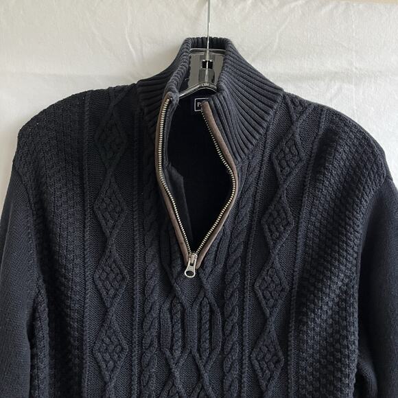 Paul Fredrick mock neck cable knit 3/4 zip pull over sweater, black, size M - Picture 4 of 8